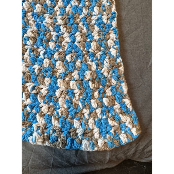 Handmade Crochet Baby Blanket Blue White Brown Soft Cozy Warm Toddler Throw - Picture 3 of 5